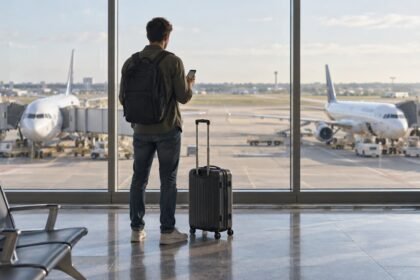 Putnik sa ručnim koferom gleda avion kroz prozor aerodroma.