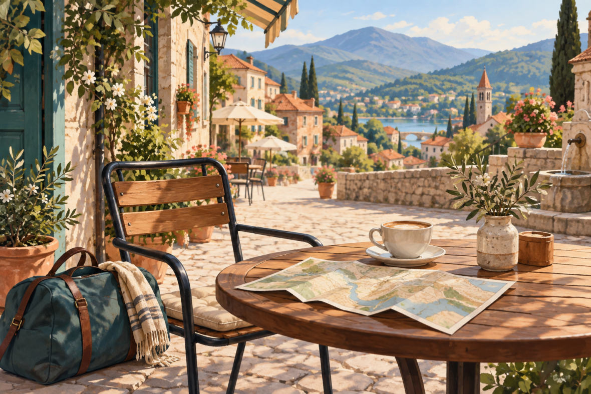 Putna torba pored stolice, kafa i mapa na terasi sa pogledom na zamišljeno mesto — AI ilustracija.
